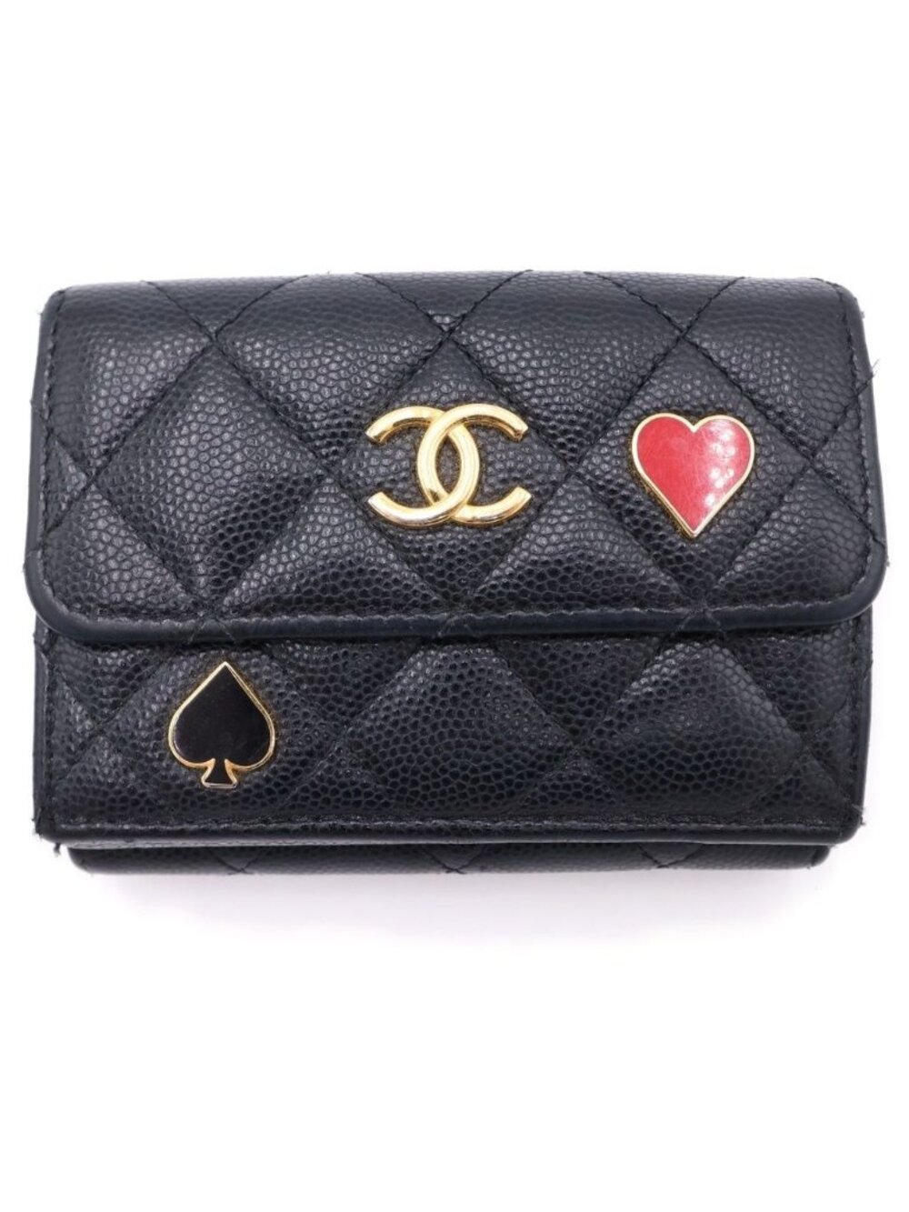 Chanel CC Logo Spade Heart Charm Trifold Wallet Compact Coin Case Black Caviar